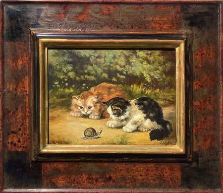 Dipinto ad olio su rame raffigurante due gattini e lumaca, Ida Calzolari...