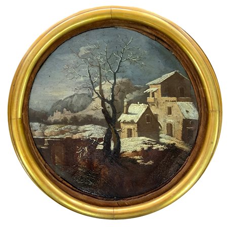 Dipinto ad olio su tela rotonda raffigurante paesaggio con casette innevate,...