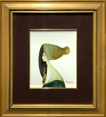 Dipinto ad olio su cartone raffigurante profilo di donna. Cm 25x20, firmato...