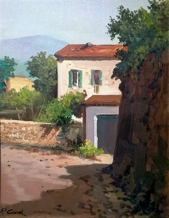 Dipinto ad olio su tela raffigurante paesaggio con case, XX secolo. Cm 45x35....