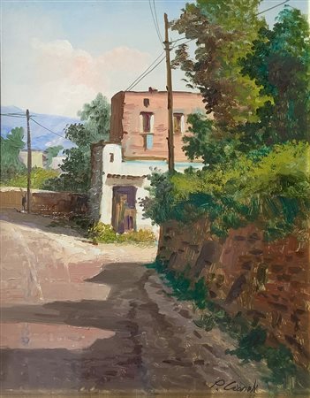 Dipinto ad olio su tela raffigurante paesaggio con case, XX secolo. Cm 45x35....