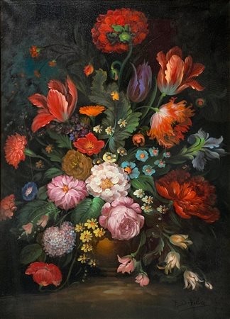 Dipinto ad olio su tela raffigurante natura morta di fiori, XX secolo. Cm...