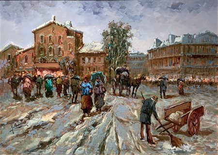 Dipinto ad olio su tela raffigurante strada di città con personaggi, XX...