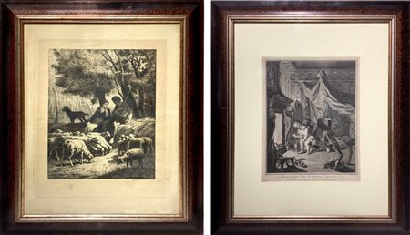 Coppia di incisione: 1) Louis Desplaces (1682-1739) raffigurante amore in...