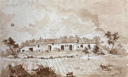 Disegno raffigurante paesaggio di campagna con masseria e sullo sfondo l'Etna...