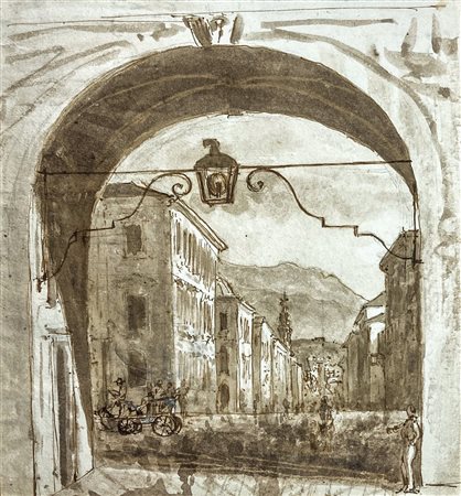 Disegno di autore anonimo raffigurante Porta Uzeda e Piazza Duomo di Catania...