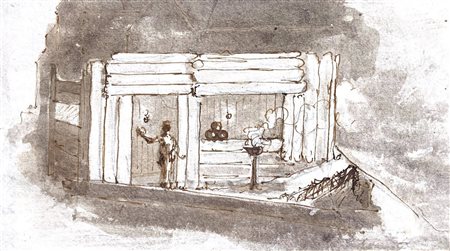 Disegno di autore anonimo raffigurante bottega per restauro barche del porto...