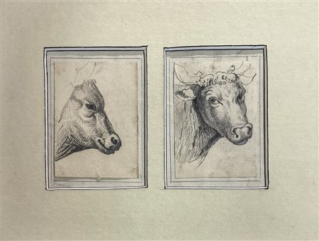 Coppia di disegni a matita di autore anonimo raffiguranti studio di mucche,...