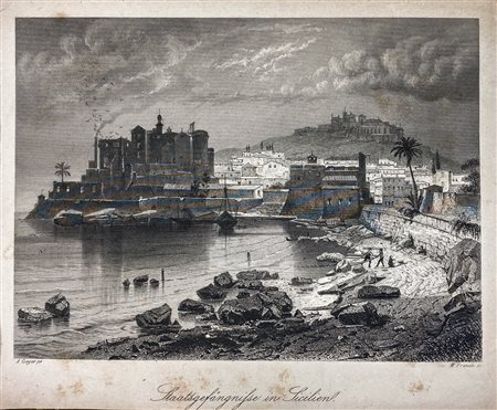 Incisione raffigurante carcere di stato con sullo sfondo Erice, XIX secolo,...