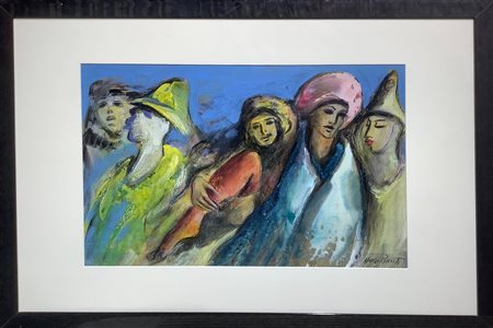 Olio su cartoncino raffigurante 5 personaggi, Nino Raciti (Catania, 1939). Cm...