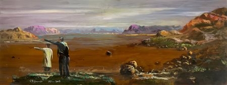 Dipinto ad olio su tavola raffigurante paesaggio con personaggi, V. Ribaudo...