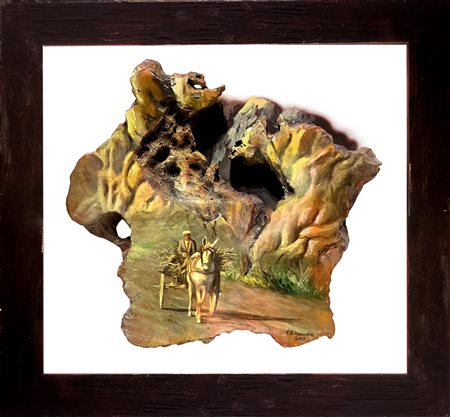 Dipinto ad olio su legno raffigurante scena campestre con carretto, V....