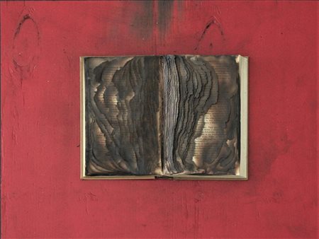 Bernard Aubertin LIVRE BRULE' libro bruciato su tavola, cm 40x50 firma...