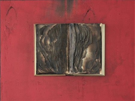 Bernard Aubertin LIVRE BRULE' libro bruciato su tavola, cm 40x50 firma...