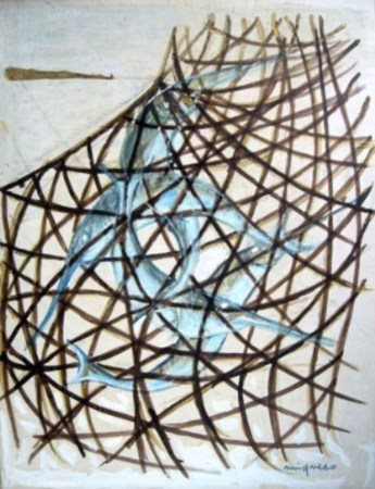 Giuseppe Migneco "Rete con pesci" '70