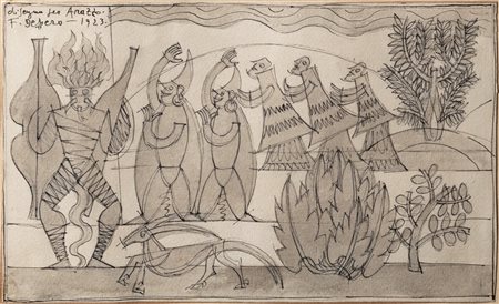 Fortunato Depero (Fondo 1892-Rovereto 1960)  - Disegno per arazzo, 1923