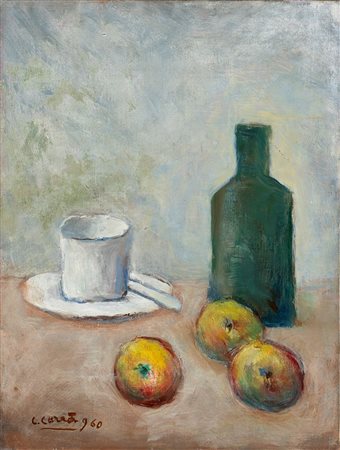 Carlo Carrà (Quargnento 1881-Milano 1966)  - Natura morta con tazza e bottiglia, 1960