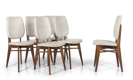 SEI SEDIE, anni '50. <br>Legno di noce, sedili e 