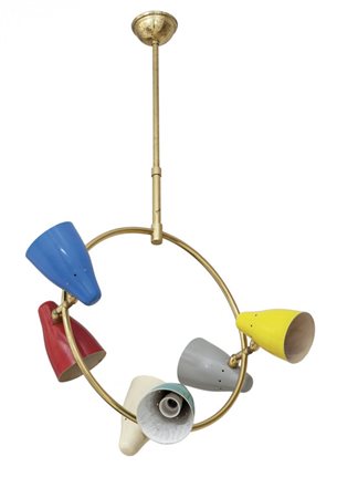  UNA LAMPADA A SOSPENSIONE, anni '50. <br>Ottone, 