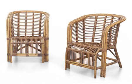  DUE POLTRONCINE, anni '50. <br>Bambù, giunco e 