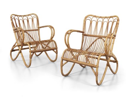  DUE POLTRONE, anni '60. <br>Malacca, giunco e 
