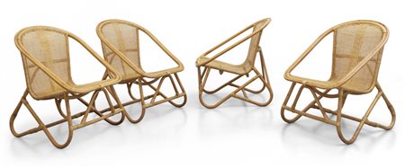  QUATTRO POLTRONCINE, anni '60. <br>Bambù e canna 