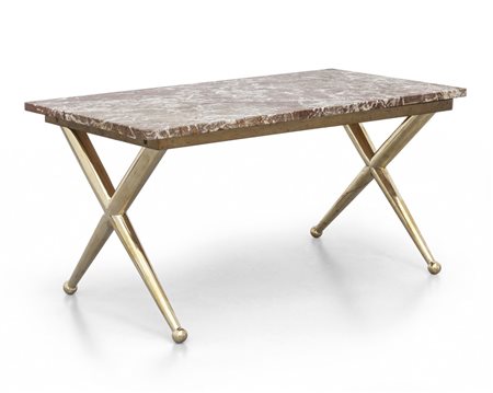 UN TAVOLINO, anni '60. <br>Ottone, marmo. <br>Cm 