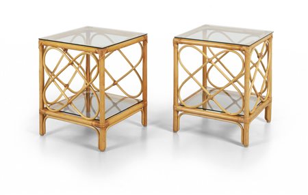  DUE COMODINI, anni '60. <br>Malacca, giunco, 