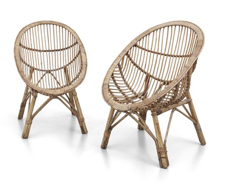 DUE POLTRONCINE, anni '60. <br>Malacca, giunco e 