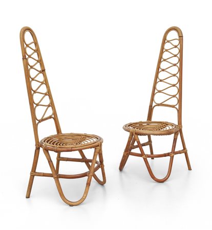  DUE POLTRONCINE, anni '60. <br>Malacca, giunco e 