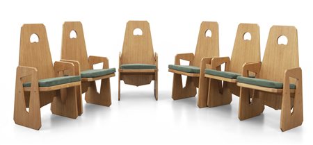 SEI SEDIE, anni '60. <br>Legno di rovere, cuscini 