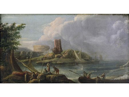 Scuola francese (XVIII secolo) Paesaggio Olio su tavoletta Misure 14x25,5 cm