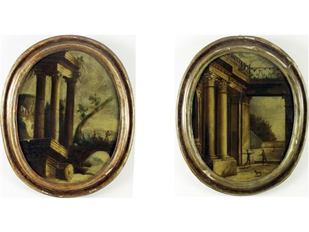 Anonimo (XVIII secolo) Coppia di architetture Olio su tela Cornici coeve...