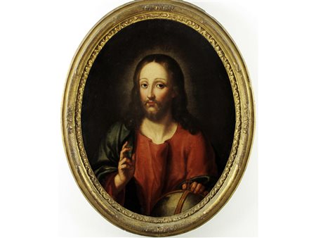 Italia settentrionale (XVII secolo) Salvator Mundi Olio su tela Cornice coeva...