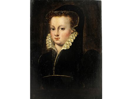 Scuola fiamminga (XVI) Ritratto di nobildonna Olio su tavola Misure 30x22 cm