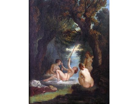 Scuola francese (inizio XIX secolo) Bagnanti Olio su tavola Misure 40x32 cm