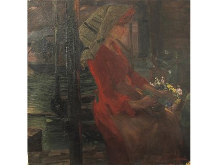 Carlo Donati (Verona 1874-1949) Fioraia veneziana Olio su tela Misure 70x70 cm