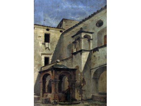 Firma illeggibile (XIX secolo) Donna al pozzo Olio su tela Misure 39,7x26,6 cm