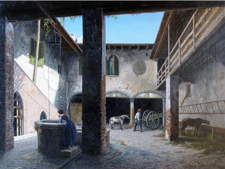 Vittorio Avanzi (Verona 1850-Campofontana 1913) Al pozzo Olio su tela Firmato...