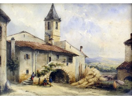 Carlo Ferrari detto il Ferrarin (Verona1813-1871) Borgo con campanile...