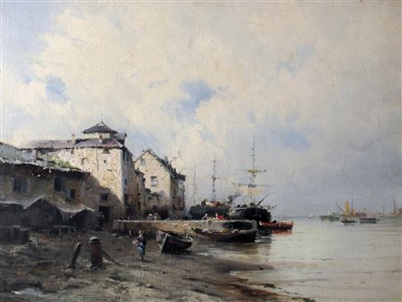 Eugenio Amus (Brescia 1834-Bordeaux 1899) Porto di Normandia Olio su tela...