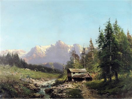 Eugenio Amus (Brescia 1834-Bordeaux 1899) Paesaggio montano Olio su tela...