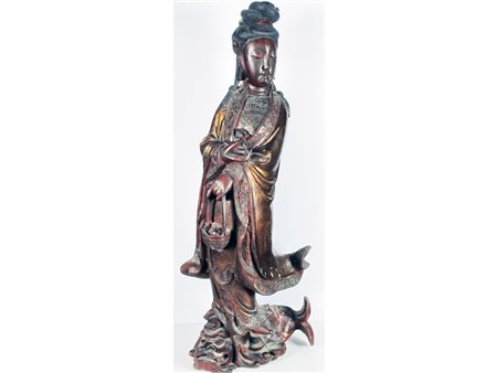 Cina (fine XVIII secolo) Guanyin Legno policromo Alta 114 cm