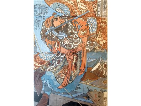 Utagawa Kunisada (1786-1865) Gesta di Samurai Cromolitografia Misure 34x29 cm