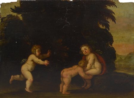 Scuola Emiliana del XVII secolo FANCIULLI AL GIOCO olio su tavola, cm 24,5x33...