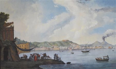 Scuola Napoletana del XIX secolo VEDUTA DI NAPOLI CON IL VESUVIO gouache su...
