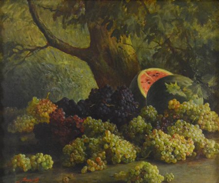 Licinio Barzanti NATURA MORTA CON GRAPPOLI D'UVA olio su tela, cm 70x90 firma