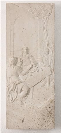 BRUNO BOARI (Bologna 1896 – 1964). Calco rettangolare in gesso con scena convivale a sfondo religioso. Cm 57,5x22,5x5,5. Opera firmata in basso a destra Boari.