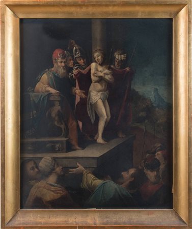 Maestro Fiammingo del XVII secolo "Cristo deriso". Olio su tela. Cm 80,5x65,5.