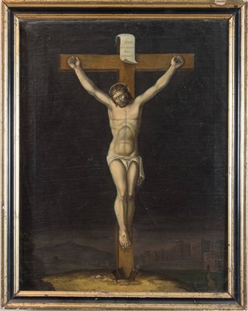 Maestro del XIX secolo "Crocifissione". Olio su tela. Cm 57,2x45.